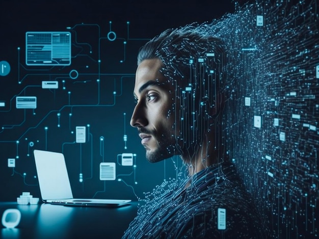concepto de ciberseguridad El hombre de negocios muestra cómo proteger la red de tecnología cibernética del ataque por pirateo