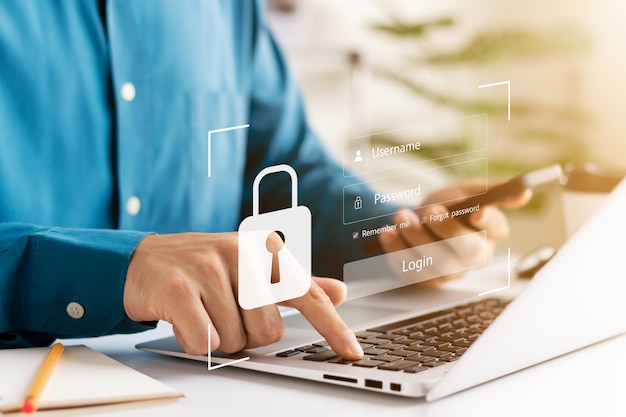 concepto de ciberseguridad seguridad y encriptación de la privacidad del usuario acceso seguro a Internet tecnología futura y cibernética candado de pantalla