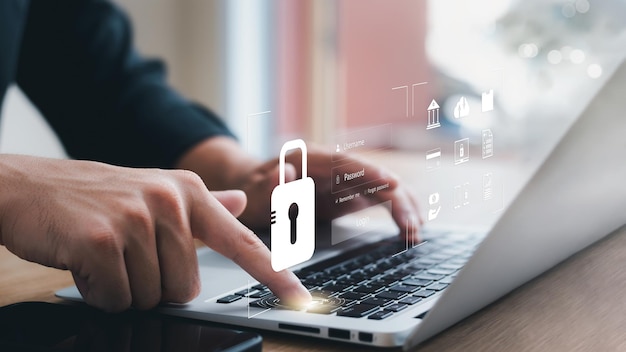 concepto de ciberseguridad seguridad y encriptación de la privacidad del usuario acceso seguro a Internet tecnología futura y cibernética candado de pantalla