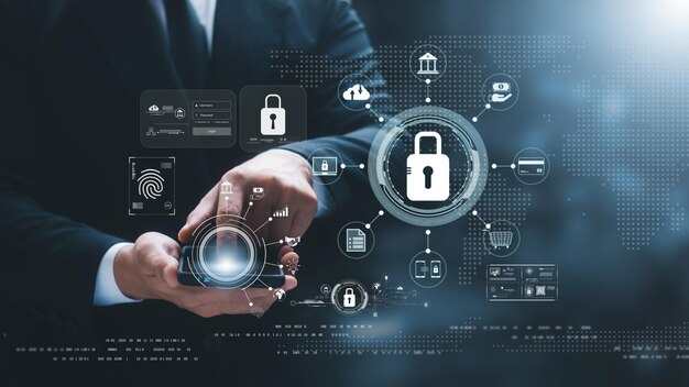 concepto de ciberseguridad tecnología de seguridad de red global personas de negocios protegen la información personal encriptación con un icono de clave en la interfaz virtual