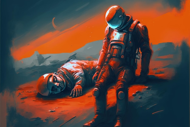 Concepto de ciencia ficción de dos astronautas que descubren a un extraterrestre fallecido en un planeta abandonado Concepto de fantasía Pintura de ilustración IA generativa