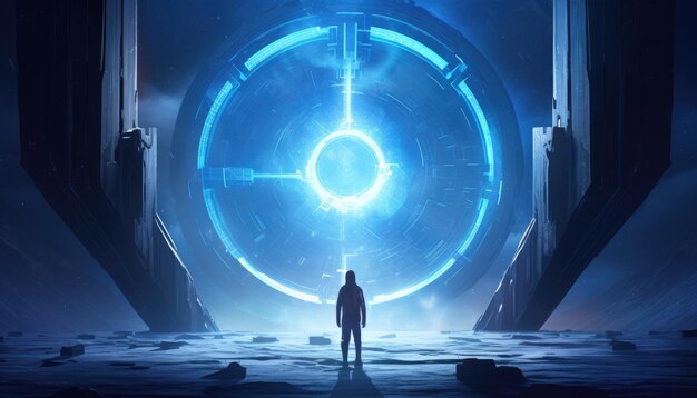 Foto concepto de ciencia ficción que muestra a un hombre de pie en el portal futurista