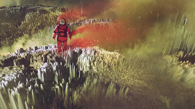 concepto de ciencia ficción surrealista del astronauta rojo caminando sobre la superficie del planeta, estilo de arte digital, pintura de ilustración