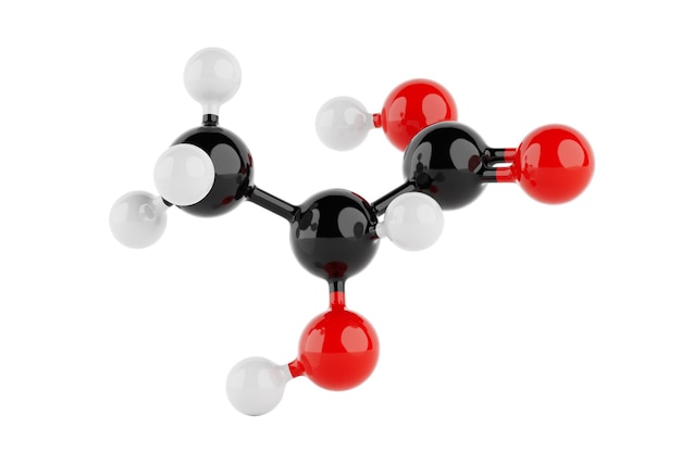 Concepto de ciencia química Modelo de estructura molecular de ácido láctico colorido con átomos conectados por enlaces Renderización 3D