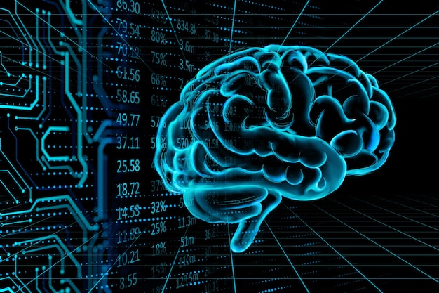 Foto concepto de ciencia y tecnología con cerebro humano digital sobre fondo oscuro con renderizado 3d de micro circuito