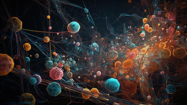Concepto científico abstracto con células y partículas conectadas Fondo microscópico de la ciencia