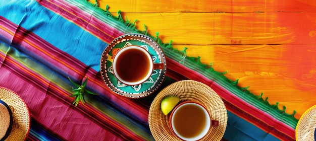 Foto concepto de cinco de mayo vista superior de tazas de té y sombreros en poncho ai generados