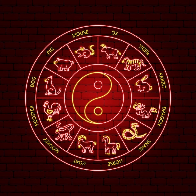 Concepto de círculo de neón del zodiaco chino