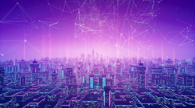 El concepto de la ciudad Metaverse 3D