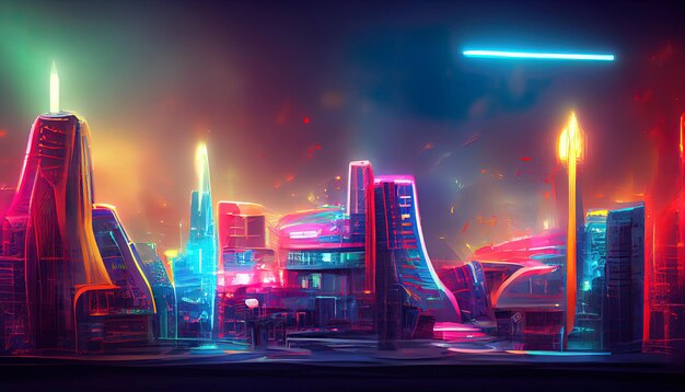 Concepto de ciudad metaverso futurista con luces de neón brillantes