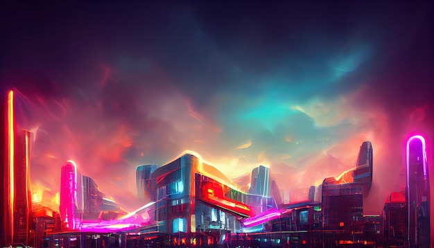 Concepto de ciudad metaverso futurista con luces de neón brillantes