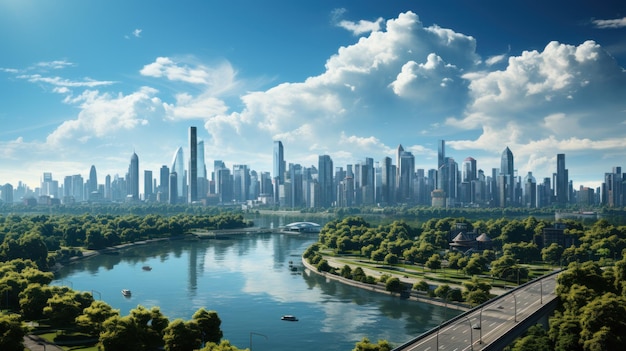 concepto de ciudad de negocios con una mezcla de ciudad verde construcción corporativa y ecología hermosa vista del horizonte de la ciudad moderna con cielo azul