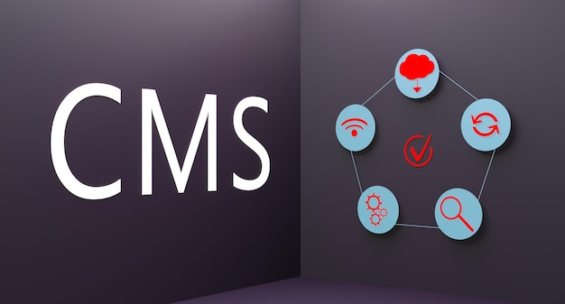 Concepto de CMS Sistema de gestión de contenido CMS con iconos Concepto de sistema de proceso colaborativo de tecnología Ilustración de procesamiento 3D