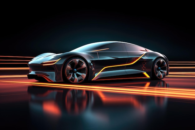 Concepto de coche deportivo en fondo oscuro renderizado en 3D Coche con luces de neón en fondo oscuro visto desde el lado Un coche deportivo con características autónomas futuristas HUD coche AI Generado
