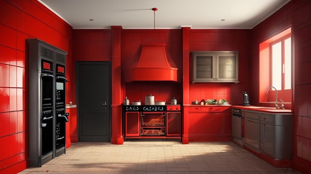 Foto concepto de cocina futurista de azulejos rojos