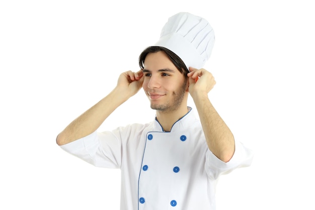Concepto de cocina joven chef aislado sobre fondo blanco.