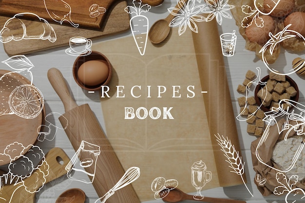 Foto concepto de cocina y preparación de alimentos con libro de recetas.