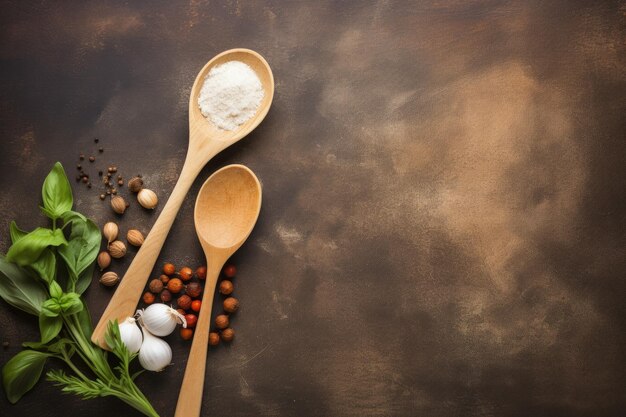 Concepto de cocina vegetariana con utensilios de madera e ingredientes sobre fondo vintage