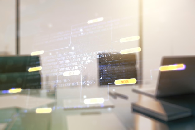 Concepto de codificación creativa abstracta y escritorio moderno con computadora en segundo plano