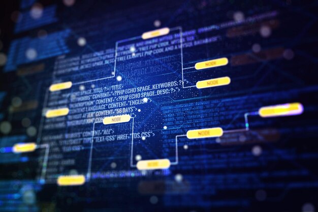 Concepto de codificación creativa abstracta en fondo azul Renderización 3D