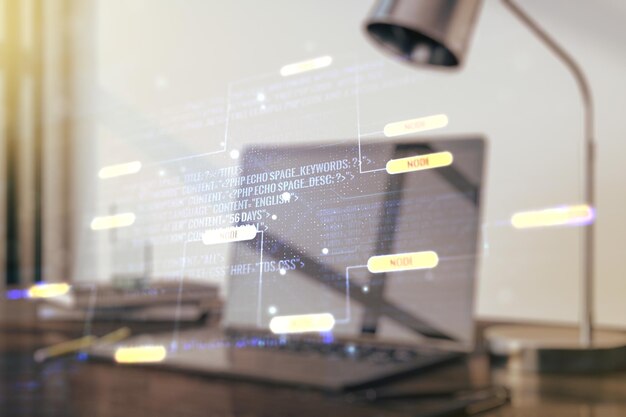 Concepto de codificación creativa abstracta en el fondo de una computadora portátil moderna Multiexposición