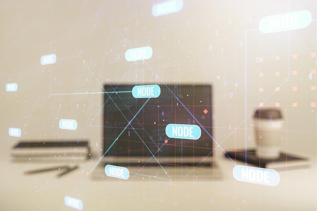 Concepto de codificación creativa abstracta en el fondo de una computadora portátil moderna Multiexposición