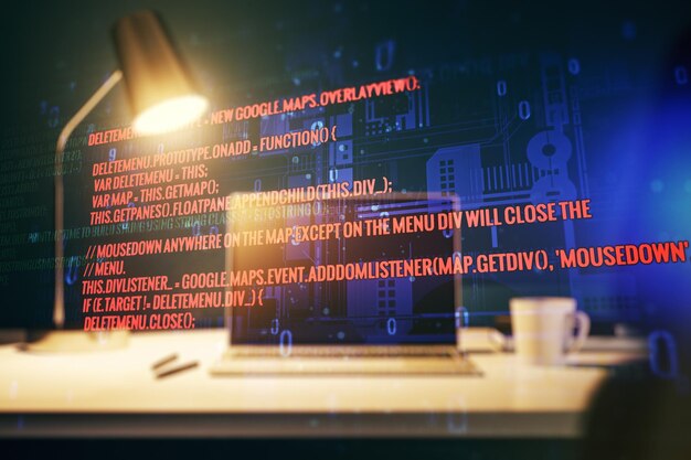 Concepto de codificación creativa abstracta en el fondo de una computadora portátil moderna Multiexposición