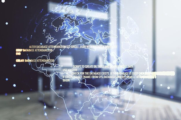 Concepto de codificación creativa abstracta con mapa mundial y escritorio moderno con computadora en segundo plano