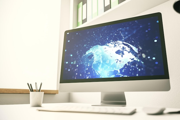 Concepto de codificación creativa abstracta con mapa mundial en la pantalla del portátil moderno 3D Rendering