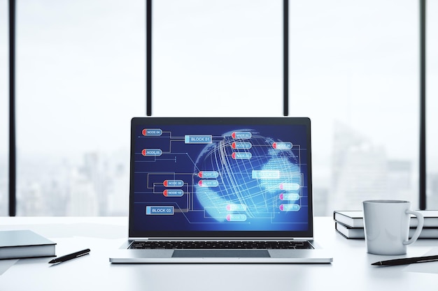 Concepto de codificación creativa abstracta con mapa mundial en la pantalla de un portátil moderno Representación 3D