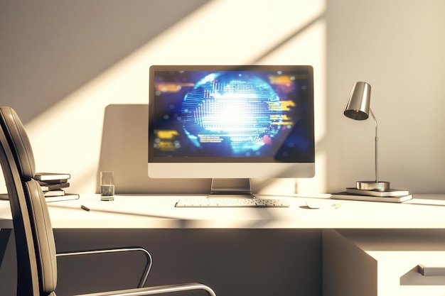 Concepto de codificación creativa abstracta con mapa mundial en la pantalla de un portátil moderno Representación 3D