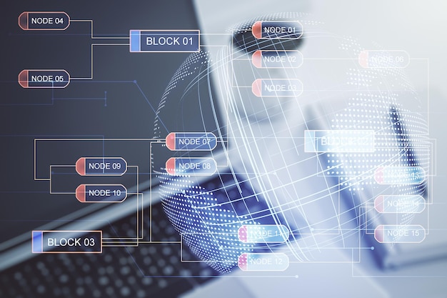 Concepto de codificación creativa abstracta con mapa mundial sobre fondo de portátil moderno Multiexposición