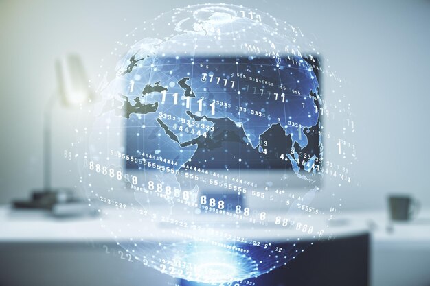 Concepto de codificación creativa abstracta con mapa mundial sobre fondo de portátil moderno Multiexposición