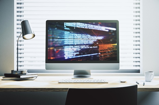 Concepto de codificación creativa abstracta en la pantalla de una computadora portátil moderna Renderización 3D
