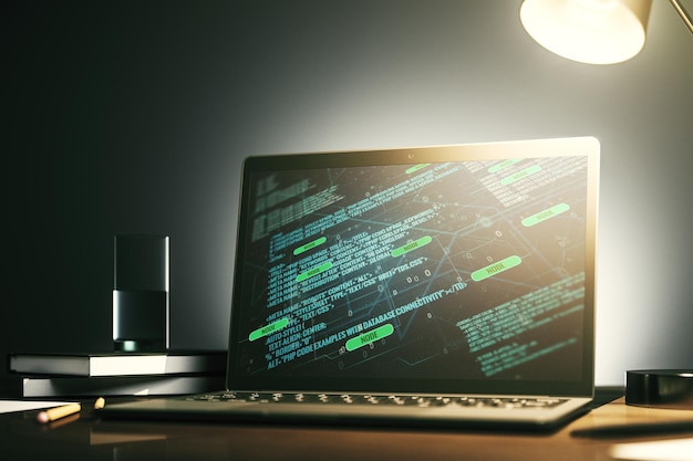 Concepto de codificación creativa abstracta en la pantalla de una computadora portátil moderna Renderización 3D