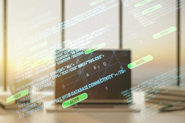 Concepto de codificación creativa abstracta sobre fondo de computadora portátil moderna