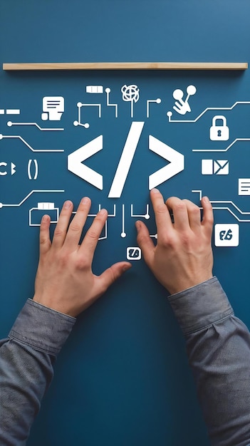 Concepto de codificación con el desarrollador de software tocando iconos y símbolos de código