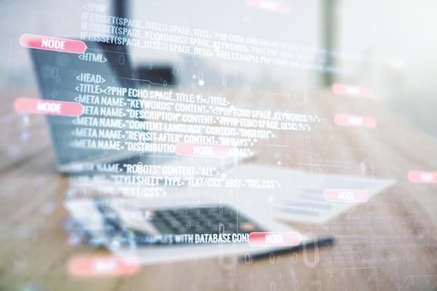 Concepto de codificación virtual abstracta en el fondo de la calculadora y la computadora portátil Multiexposición