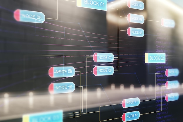 Concepto de codificación virtual abstracto sobre fondo de edificio de oficinas moderno borroso
