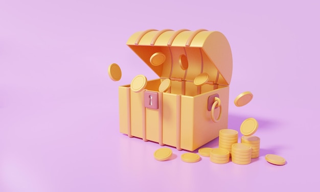 Concepto de cofre de la caja del tesoro de protección Cofre del tesoro abierto con monedas flotantes isométricas sobre fondo púrpura Ilustración de renderizado 3d suave lindo mínimo de dibujos animados