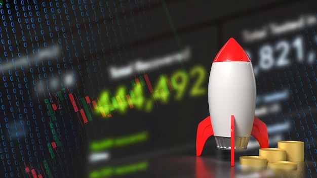 El concepto de cohete y monedas para negocios renderizado en 3D