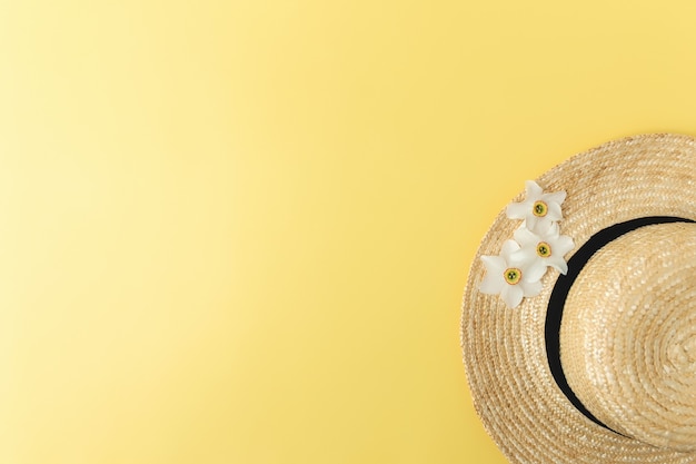 El concepto de colección de verano plano yacía sobre fondo amarillo con sombrero de paja y cabezas de flores de narciso. Foto de alta calidad