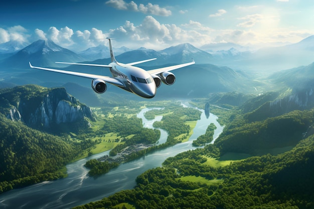 Concepto de combustible de aviación sostenible Avión que vuela sobre montañas verdes y ríos Emisiones netas cero