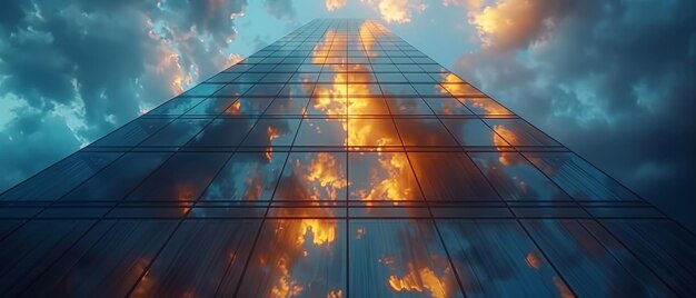 Foto concepto comercial de la arquitectura futura mirando hacia arriba en el ángulo de la esquina del edificio rendering 3d de un edificio de gran altura con sistema de ventanas de acero oscuro y nubes reflejadas en el vidrio