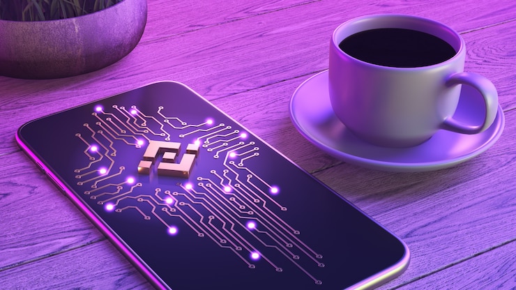 Foto concepto de comercio de criptomoneda móvil. el teléfono inteligente está sobre una mesa de madera, junto a una taza de café aromático.