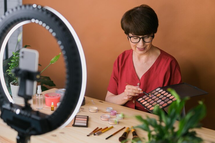 Foto concepto de comercio electrónico y blogs de belleza y cosmética maquilladora profesional madura