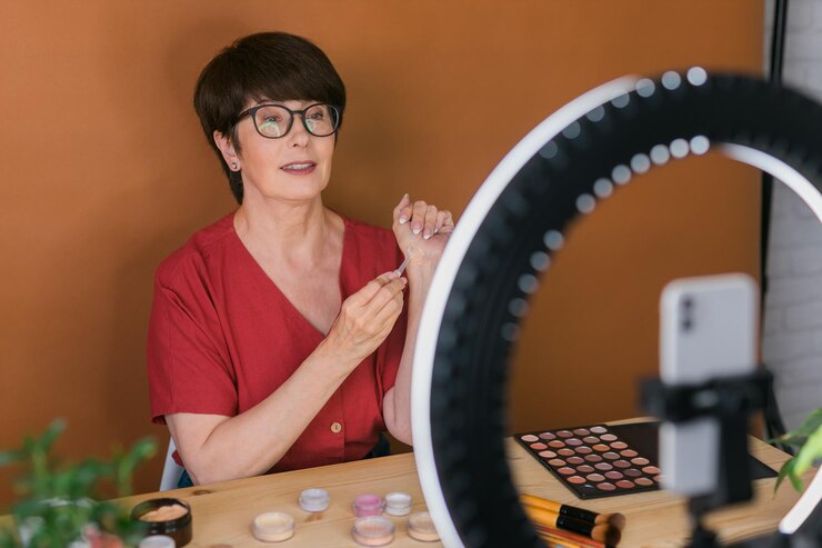 Foto concepto de comercio electrónico y blogs de belleza y cosméticos maquilladora femenina madura profesional probando nuevos cosméticos grabando revisión de video sobre productos cosméticos en casa