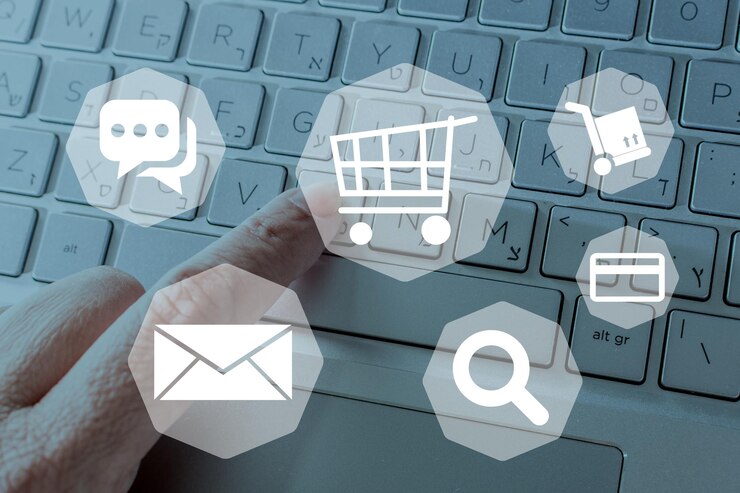 Foto concepto de comercio electrónico y compras en línea comprar y vender en la tienda de internet entrega tarjeta de crédito