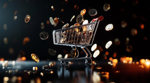 Concepto de comercio electrónico Renderización 3D de monedas y carrito de compras con monedas grandes que caen para la compra en línea