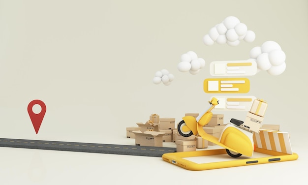 Concepto de comercio electrónico Servicio de entrega en aplicación móvil Transporte de entrega en scooter motocicleta a través de mensajes telefónicos y en línea Paquetes de productos cajas de regalo en la carretera Tono amarillo Rendering 3D